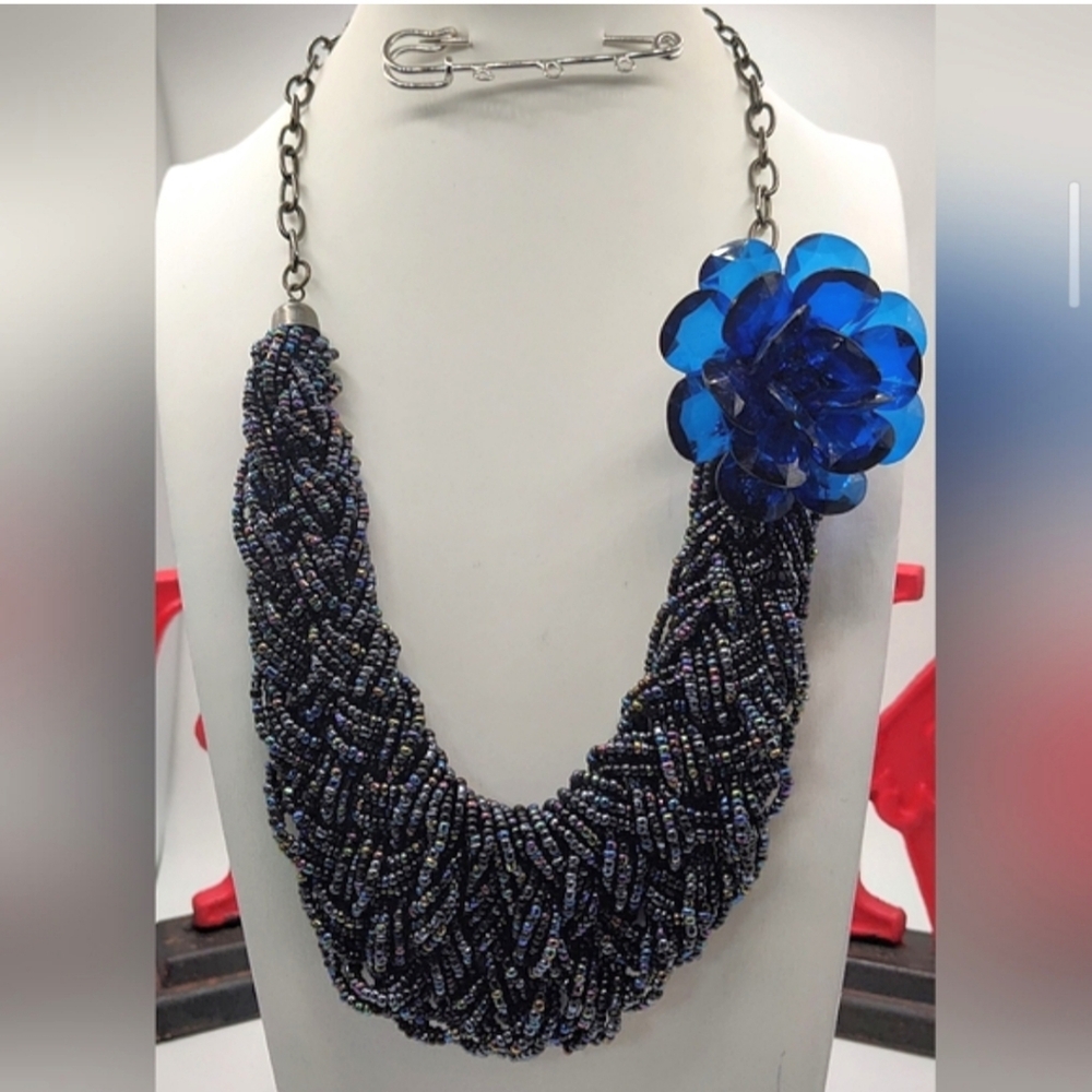 Vintage Black & Blue Braided Seed Bead Statement Necklace